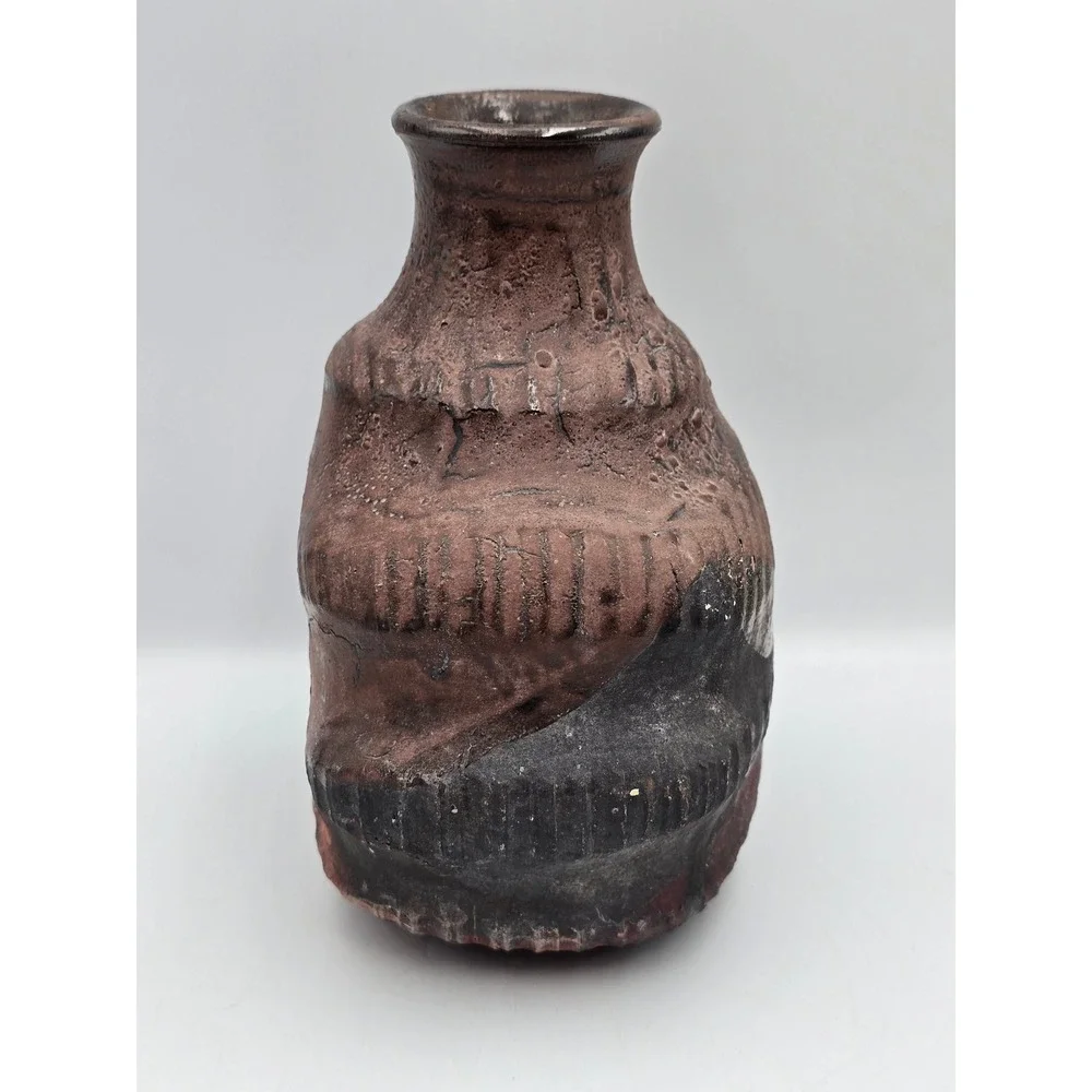 M Casper Studio Pottery Vase Art 7.5in Brown Black‎ Excellent Brutalist 1987